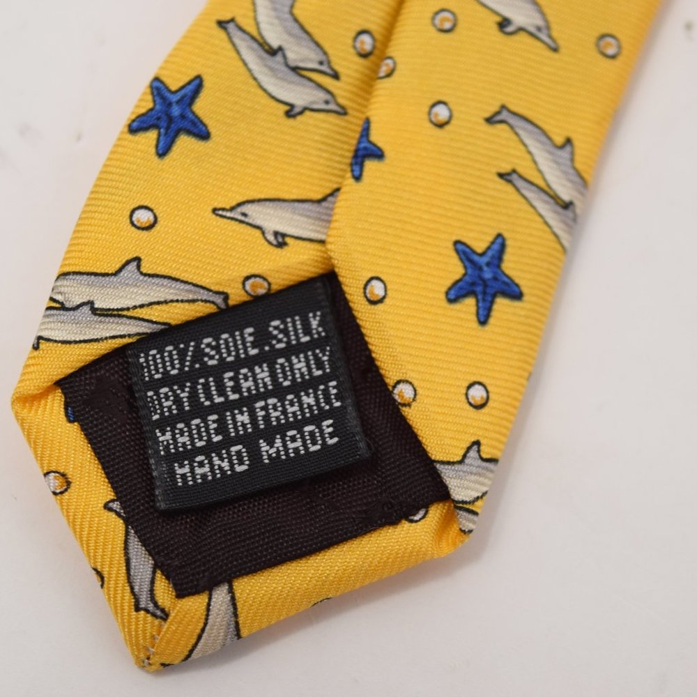 Lancel Paris Necktie Dolphin Starfish Silk Yellow Whimsy Marine Mammal Ocean Fun - Picture 8 of 13